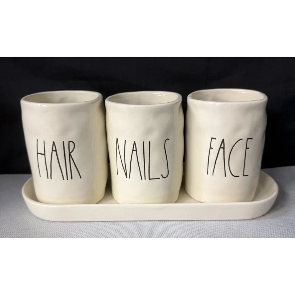 Rae Dunn FACE NAILS HAIR Cosmetic Holders Cup + Tray Long Skinny Letter Font